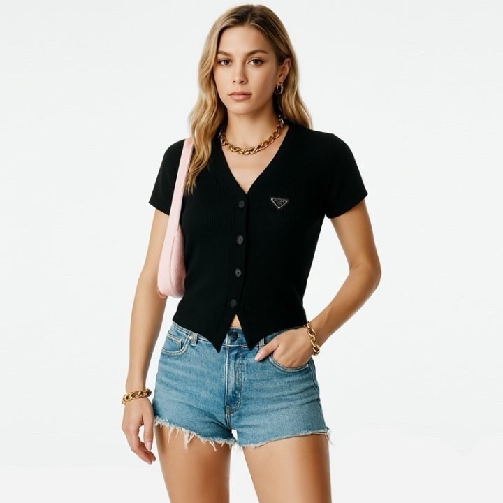 프라다 여성 소프트 V넥 반팔 가디건