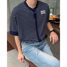 미우미우 멘션 스트라이프 라운드 반팔 가디건