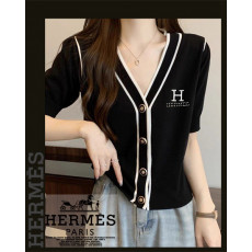 에르메스 여성 H8812 빅 자수 라인 배색 반팔 니트 가디건