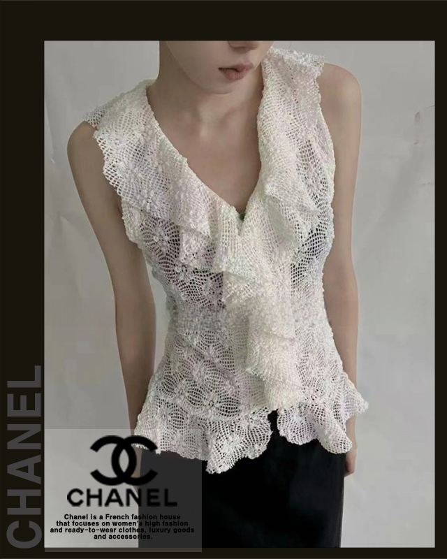 샤넬 여성 3753 샤랄라 쿠션 레이스 프릴 민소매 가디건