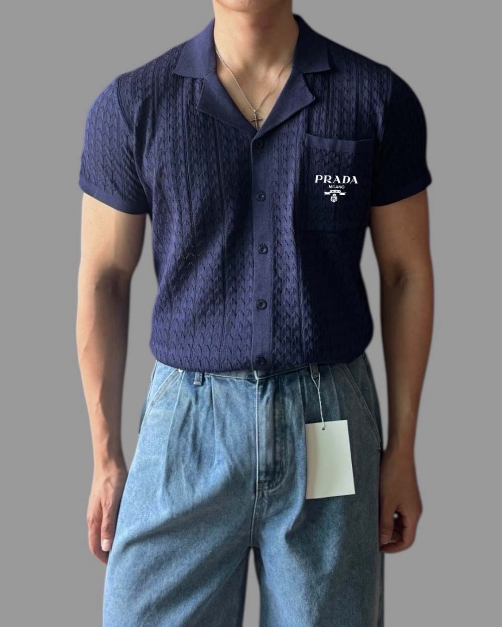 프라다 펀칭 카라 오픈 반팔 가디건