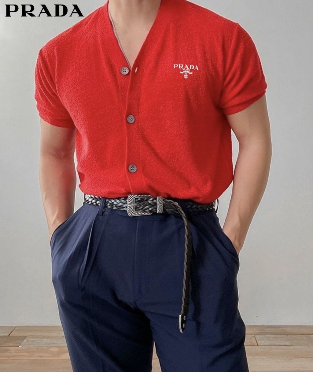 프라다 밀라노 자수 로고 브이넥 반팔 가디건