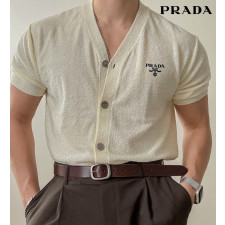 프라다 밀라노 자수 로고 브이넥 반팔 가디건