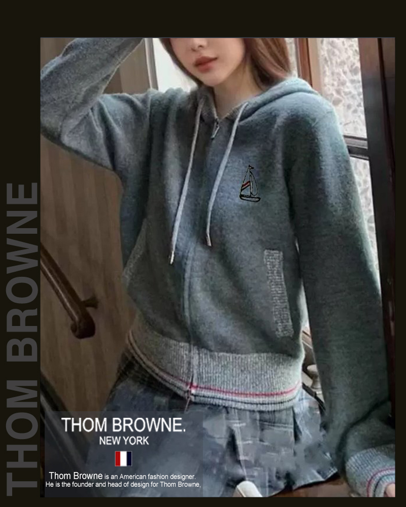 톰브라운 여성 T1101 요트 자수 끝선 배색 니트 후드집업