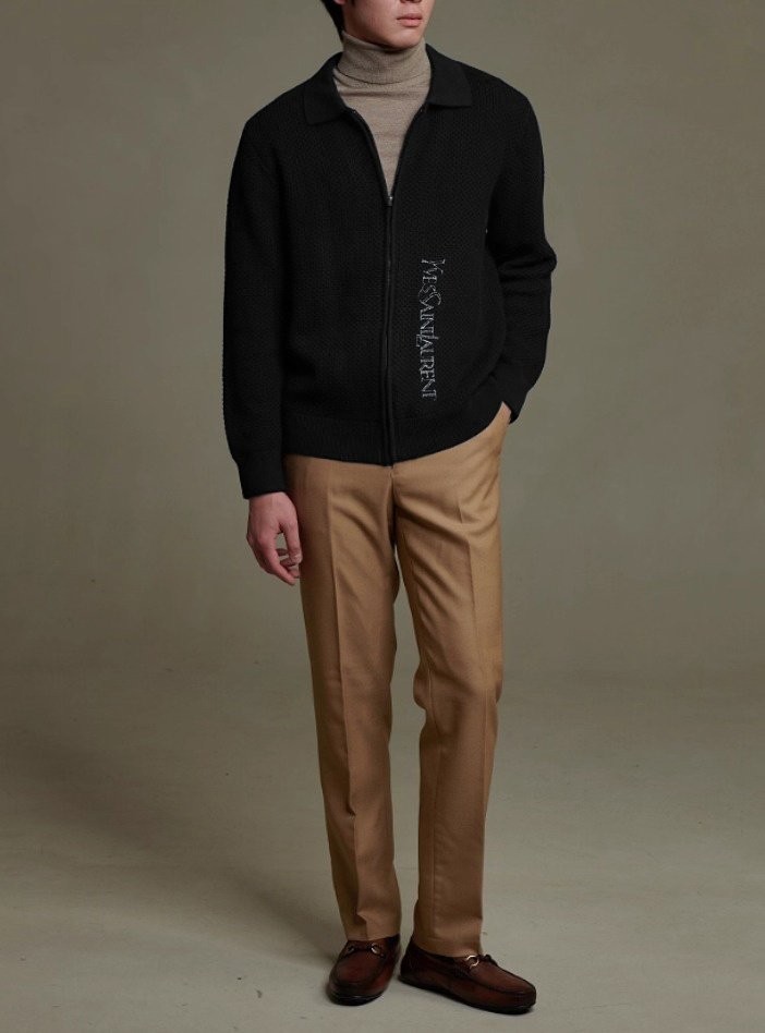 입생로랑 레터링 자수 와플 니트 집업