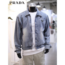 프라다 플레이트 하드 워싱 카라 데님 청자켓
