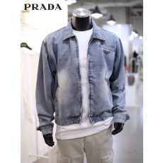 프라다 플레이트 하드 워싱 카라 데님 청자켓
