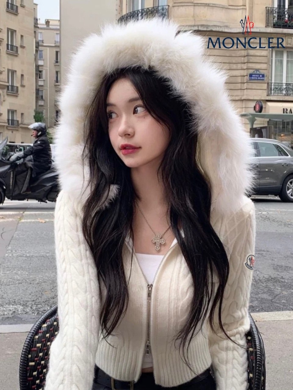 몽클레어 여성 리얼 퍼 꽈배기 투웨이 니트 후드집업