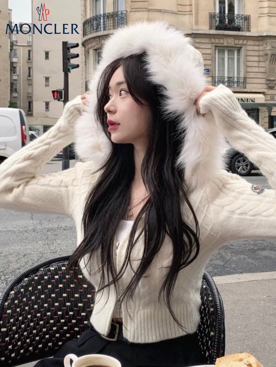 몽클레어 여성 리얼 퍼 꽈배기 투웨이 니트 후드집업