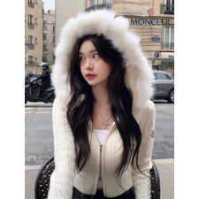 몽클레어 여성 리얼 퍼 꽈배기 투웨이 니트 후드집업