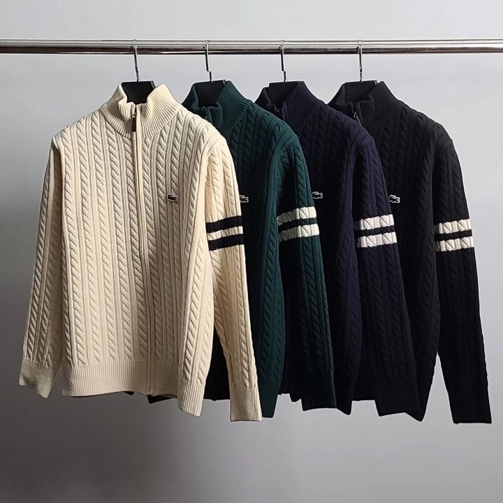 라코스테 로고 와펜 완장 케이블 니트 집업